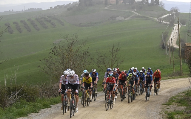 The pack rides during the men's elite race of the 'Strade Bianche' (White Roads)one day cycling race (215km) from and to Siena - Tuscany,- Saturday, MARCH 2, 2024. Sport - cycling . (Photo by Fabio Ferrari/ LaPresse)