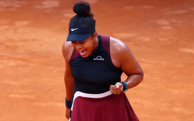ROME, ITALY - MAY 09: Naomi Osaka of Japan celebrates a point against Marta Kostyuk of Ukraine during the Women's Singles Second Round match on Day Four of the Internazionali BNL D'Italia 2024 at Foro Italico on May 09, 2024 in Rome, Italy. (Photo by Dan Istitene/Getty Images)