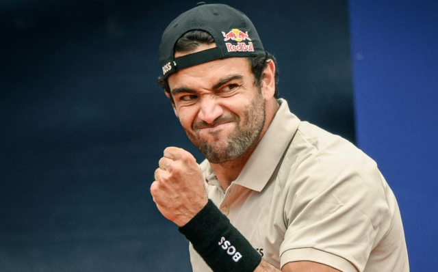 Italy's Matteo Berrettini reacts after winning the first set during his final match at the Swiss Open tennis tournament against France's Quentin Halys, in Gstaad, on July 21, 2024. (Photo by GABRIEL MONNET / AFP)