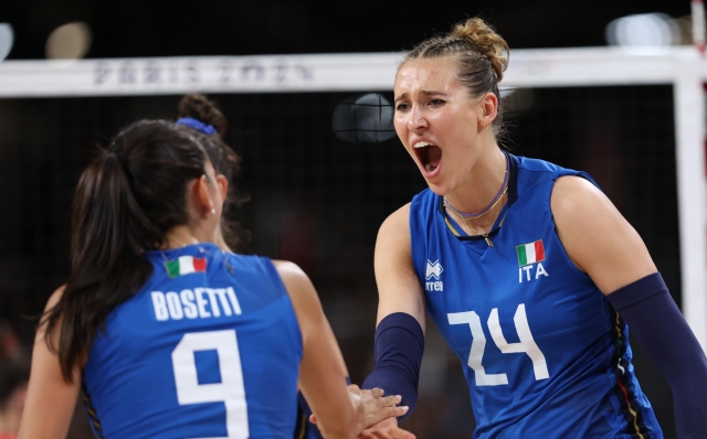 PARIS, FRANCE - AUGUST 06: Ekaterina Antropova #24 of Team Italy reacts during a Women's Quarterfinals match against Team Serbia on day eleven of the Olympic Games Paris 2024 at Paris Arena on August 06, 2024 in Paris, France. (Photo by Clive Brunskill/Getty Images)