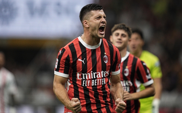 Milan’s Luka Jović celebrates after the second goal during the Silvio Berlusconi Trophy (Trofeo Berlusconi) soccer match between Milan and Monza, at the San Siro stadium in Milan, Italy - Tuesday, August 13, 2024. Sport - Soccer . (Marco Alpozzi/LaPresse)