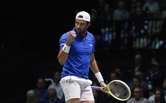 BOLOGNA, ITALY - SEPTEMBER 13: Matteo Berrettini of Italy celebrates during 2024 Davis Cup Finals Group Stage Bologna match between Italy and Belgium at Unipol Arena on September 13, 2024 in Bologna, Italy. (Photo by Emmanuele Ciancaglini/Getty Images for ITF)