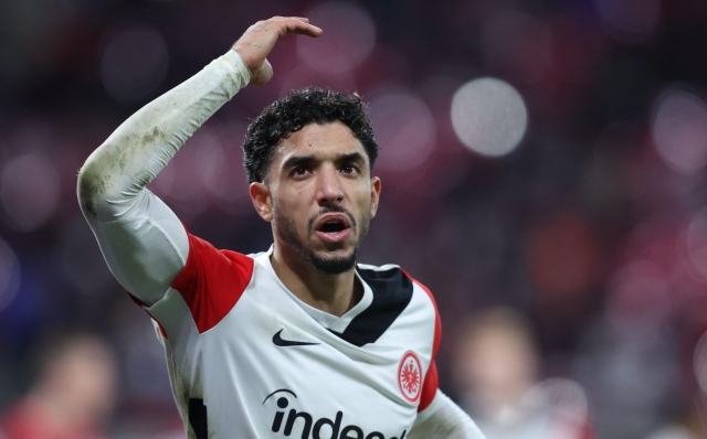 Frankfurt's Egyptian forward #07 Omar Marmoush reacts during the German first division Bundesliga football match between RB Leipzig and Eintracht Frankfurt in Leipzig on December 15, 2024. (Photo by Ronny HARTMANN / AFP) / DFL REGULATIONS PROHIBIT ANY USE OF PHOTOGRAPHS AS IMAGE SEQUENCES AND/OR QUASI-VIDEO