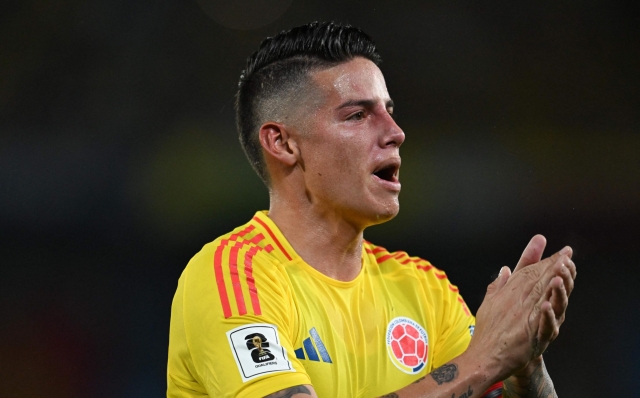 Colombia's midfielder #10 James Rodriguez reacts during the 2026 FIFA World Cup South American qualifiers football match between Colombia and Ecuador at the Metropolitano Roberto Melendez stadium in Barranquilla, Colombia, on November 19, 2024. (Photo by Raul ARBOLEDA / AFP)