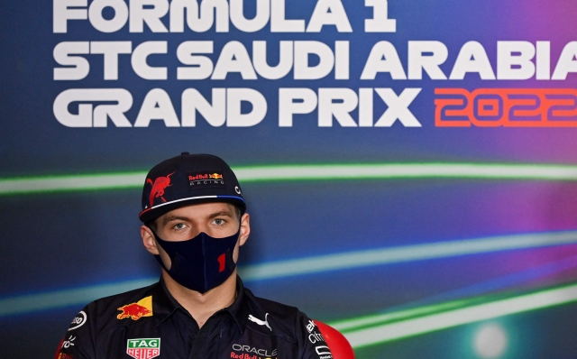 Red Bull's Dutch driver Max Verstappen attends the presser ahead of the 2022 Saudi Arabia Formula One Grand Prix at the Jeddah Corniche Circuit on March 25, 2022. (Photo by ANDREJ ISAKOVIC / AFP)