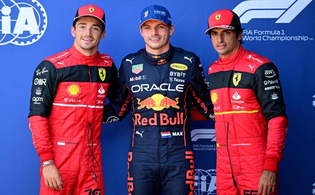 Da sinistra Leclerc, Verstappen e Sainz. AFP