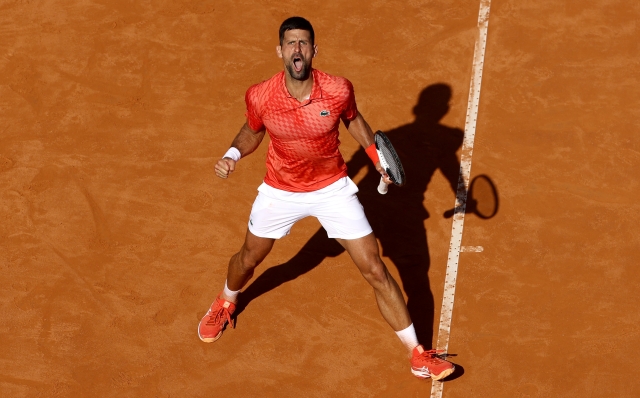 ROME, ITALY - MAY 14: Novak Djokovic of Serbia celebrates during the Men's Singles Round of 32 match against Grigor Dimitrov of Bulgaria  during Day Seven of the Internazionali BNL D'Italia 2023 at Foro Italico on May 14, 2023 in Rome, Italy. (Photo by Alex Pantling/Getty Images) ***BESTPIX***