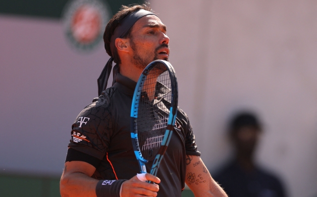 Italy's Fabio Fognini looks on as he plays against Austria's Sebastian Ofner during their men's singles match on day six of the Roland-Garros Open tennis tournament in Paris on June 2, 2023. (Photo by Thomas SAMSON / AFP)
