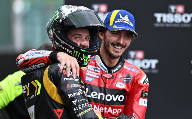 Italian rider Francesco Bagnaia of Ducati Lenovo Team (R) and Italian rider Marco Bezzecchi of Mooney VR46 Racing Team celebrates after Sprint Race of the Motorcycling Grand Prix of Italy at the Mugello circuit in Scarperia, central Italy, 10 June 2023. ANSA/CLAUDIO GIOVANNINI