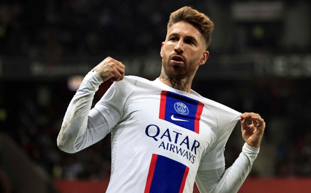 (FILES) Paris Saint-Germain's Spanish defender Sergio Ramos celebrates after scoring a goal during the French L1 football match between Nice (OGCN) and Paris Saint-Germain (PSG) at the Allianz Riviera stadium in Nice, on April 8, 2023. French champions Paris Saint-Germain announced on June 2, 2023 that veteran former Spain defender Sergio Ramos will join Lionel Messi in leaving the club at the end of the season. (Photo by Valery HACHE / AFP)