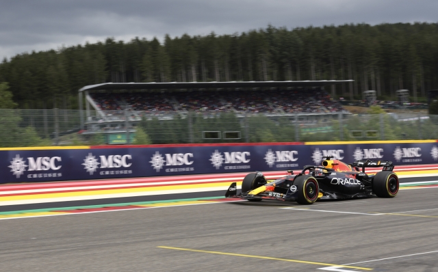 Red Bull driver Max Verstappen of the Netherlands steers his car during the Formula One Grand Prix at the Spa-Francorchamps racetrack in Spa, Belgium, Sunday, July 30, 2023. (AP Photo/Geert Vanden Wijngaert)