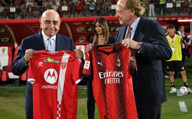 MONZA, ITALY - AUGUST 08: President of AC Milan Paolo Scaroni and President of AC Monza Adriano Galliani attend the Trofeo Silvio Berlusconi match between AC Monza and AC Milan at U-Power Stadium on August 08, 2023 in Monza, Italy. (Photo by Claudio Villa/AC Milan via Getty Images)