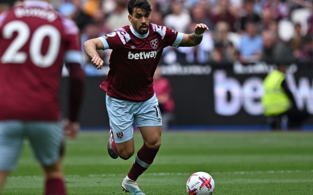 West Ham United's Brazilian midfielder Lucas Paqueta runs with the ball during the English Premier League football match between West Ham United and Leeds United at the London Stadium, in London on May 21, 2023. (Photo by Ben Stansall / AFP) / RESTRICTED TO EDITORIAL USE. No use with unauthorized audio, video, data, fixture lists, club/league logos or 'live' services. Online in-match use limited to 120 images. An additional 40 images may be used in extra time. No video emulation. Social media in-match use limited to 120 images. An additional 40 images may be used in extra time. No use in betting publications, games or single club/league/player publications. /