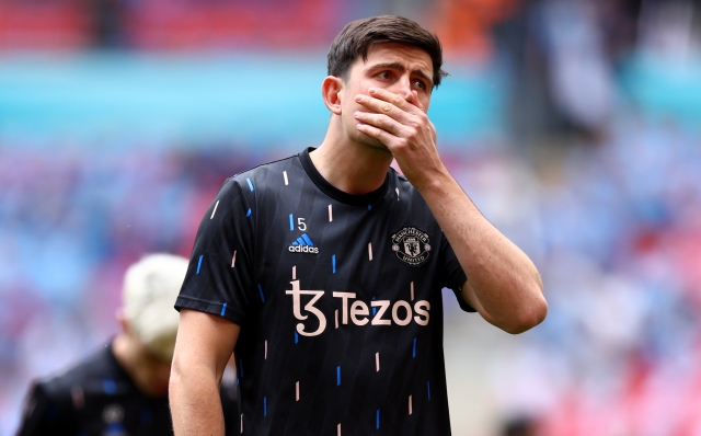 LONDON, ENGLAND - JUNE 03: Harry Maguire of Manchester United reacts during warm up prior to the Emirates FA Cup Final between Manchester City and Manchester United at Wembley Stadium on June 03, 2023 in London, England. (Photo by Clive Rose/Getty Images)