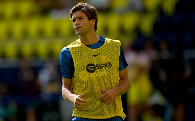 VILLARREAL, SPAIN - AUGUST 27: Marcos Alonso of FC Barcelona warms up ahead of the LaLiga EA Sports match between Villarreal CF and FC Barcelona at Estadio de la Ceramica on August 27, 2023 in Villarreal, Spain. (Photo by Alex Caparros/Getty Images)