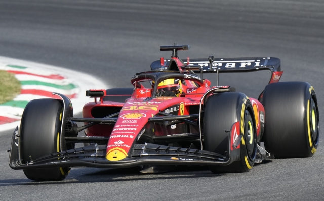 Ferrari driver Charles Leclerc of Monaco steers his car during the qualifying session ahead of Sunday's Formula One Italian Grand Prix auto race, at the Monza racetrack, in Monza, Italy, Saturday, Sept. 2, 2023. (AP Photo/Luca Bruno)