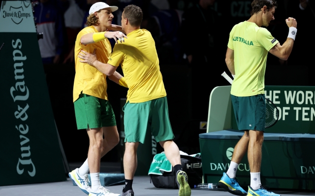 MALAGA, SPAIN - NOVEMBER 22: Max Purcell celebrates winning match point with Lleyton Hewitt of Australia in the Davis Cup Quarter Final doubles match against Adam Pavlasek and Jiri Lehecka of Czechia at Palacio de Deportes Jose Maria Martin Carpena on November 22, 2023 in Malaga, Spain. (Photo by Clive Brunskill/Getty Images for ITF)