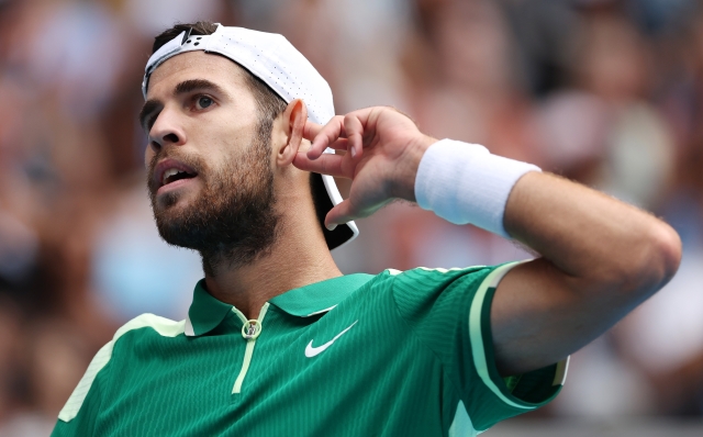 MELBOURNE, AUSTRALIA - JANUARY 21: Karen Khachanov reacts in their round four singles match against Jannik Sinner of Italy during the 2024 Australian Open at Melbourne Park on January 21, 2024 in Melbourne, Australia. (Photo by Phil Walter/Getty Images)