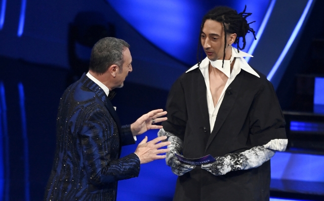 Amadeus with Ghali during the 74th edition of the SANREMO Italian Song Festival at the Ariston Theatre in Sanremo, northern Italy - Tuesday, FEBRUARY 7, 2024. Entertainment. (Photo by Marco Alpozzi/LaPresse)  