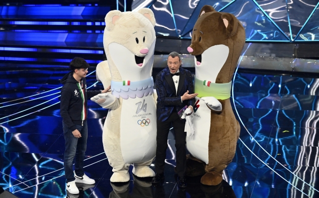 Amadeus with Federico during  the presentation of mascottes of Milano Cortina 2026 during the 74th edition of the SANREMO Italian Song Festival at the Ariston Theatre in Sanremo, northern Italy - Tuesday, FEBRUARY 7, 2024. Entertainment. (Photo by Marco Alpozzi/LaPresse) Â 