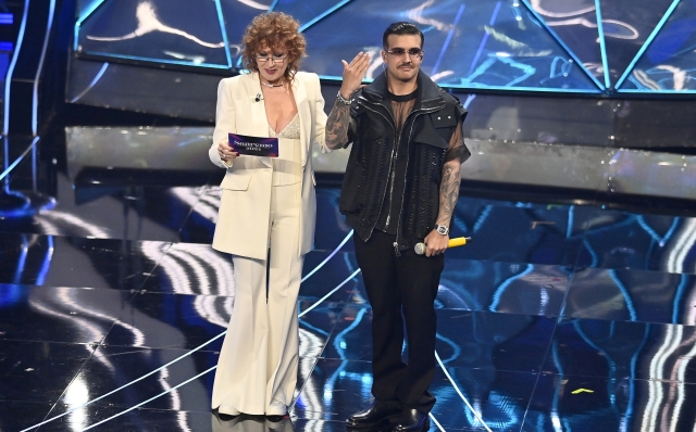 Fiorella Mannoia and Geolier during the 74th edition of the SANREMO Italian Song Festival at the Ariston Theatre in Sanremo, northern Italy - Tuesday, FEBRUARY 7, 2024. Entertainment. (Photo by Marco Alpozzi/LaPresse)  