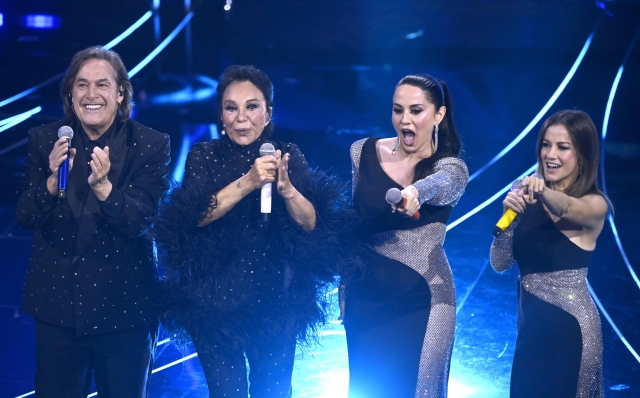 Italian duo Ricchi e Poveri with Italian singers Chiara and Paola perform on stage at the Ariston theatre during the 74th Sanremo Italian Song Festival, Sanremo, Italy, 09 February 2024. The music festival will run from 06 to 10 February 2024. ANSA/RICCARDO ANTIMIANI