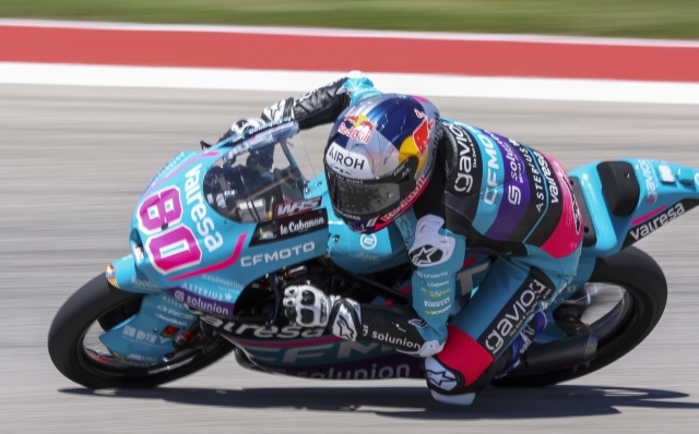 epa11275654 Columbian rider David Alonso of the CFMOTO Aspar Team in action during the  practice session of the Moto3 category for the Motorcycling Grand Prix of The Americas at the Circuit of The Americas in Austin, Texas, USA, 12 April 2024  EPA/ADAM DAVIS