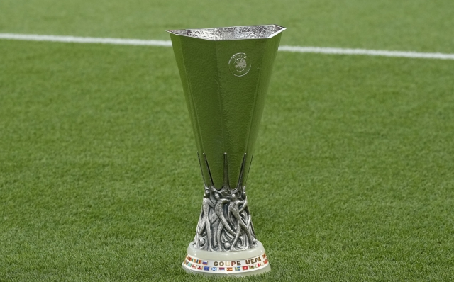 The Europa League trophy is displayed on the pitch before the start of the Europa League final soccer match between Atalanta and Bayer Leverkusen at the Aviva Stadium in Dublin, Ireland, Wednesday, May 22, 2024. (AP Photo/Frank Augstein)