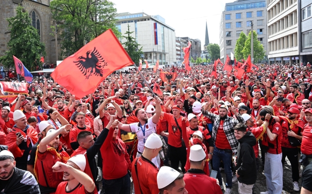 Albania's supporters gathered in central area of Dortmund haead of the UEFA EURO 2024 group B match between Italy and Albania at the BVB Stadion Dortmund, Germany, 15 June 2024. ANSA/DANIEL DAL ZENNARO
