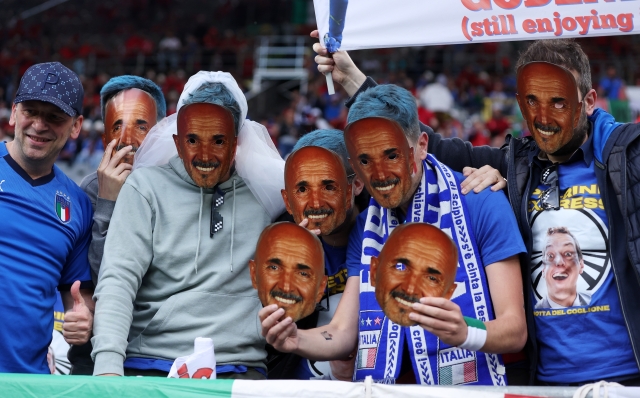 DORTMUND, GERMANY - JUNE 15: Italy fans can be seen wears Luciano Spalletti, Head Coach of Italy (not pictured), masks prior to the UEFA EURO 2024 group stage match between Italy and Albania at Football Stadium Dortmund on June 15, 2024 in Dortmund, Germany. (Photo by Lars Baron/Getty Images)