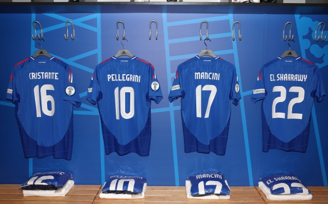 DORTMUND, GERMANY - JUNE 15: The shirts of Bryan Cristante, Lorenzo Pellegrini, Gianluca Mancini and Stephan El Shaarawy are displayed inside the Italy dressing room prior to the UEFA EURO 2024 group stage match between Italy and Albania at Football Stadium Dortmund on June 15, 2024 in Dortmund, Germany. (Photo by Claudio Villa/Getty Images for FIGC)