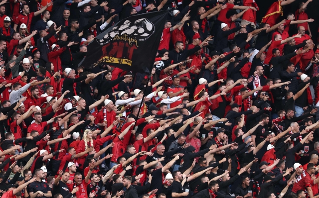 Albanoa's supporters gestutes prior to the UEFA Euro 2024 Group B football match between Italy and Albania at the BVB Stadion in Dortmund on June 15, 2024. (Photo by FRANCK FIFE / AFP)