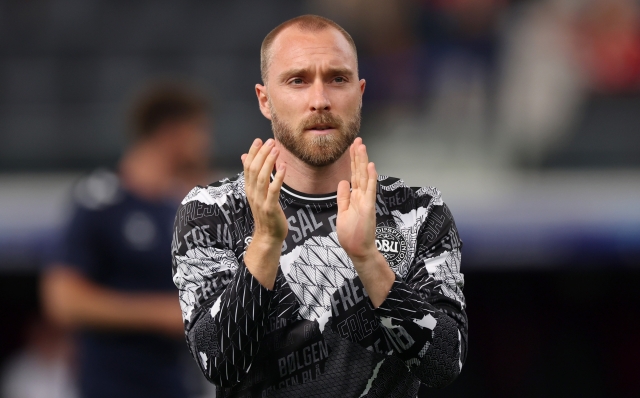 FRANKFURT AM MAIN, GERMANY - JUNE 20: Christian Eriksen of Denmark applauds the fans as he warms up prior to the UEFA EURO 2024 group stage match between Denmark and England at Frankfurt Arena on June 20, 2024 in Frankfurt am Main, Germany. (Photo by Alex Grimm/Getty Images)