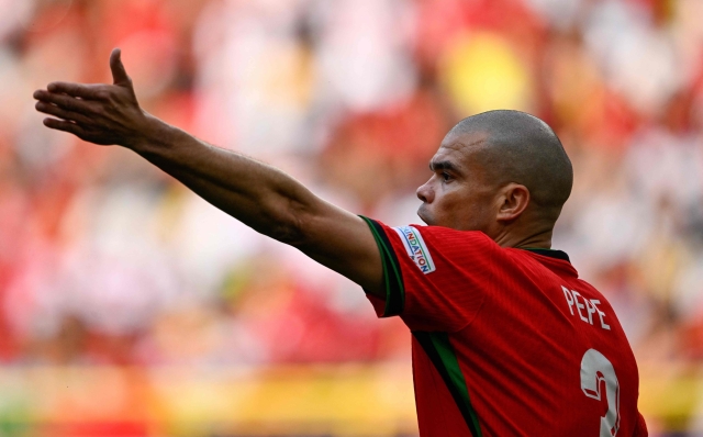 Portugal's defender #03 Pepe gestures during the UEFA Euro 2024 Group F football match between Turkey and Portugal at the BVB Stadion in Dortmund on June 22, 2024. (Photo by INA FASSBENDER / AFP)
