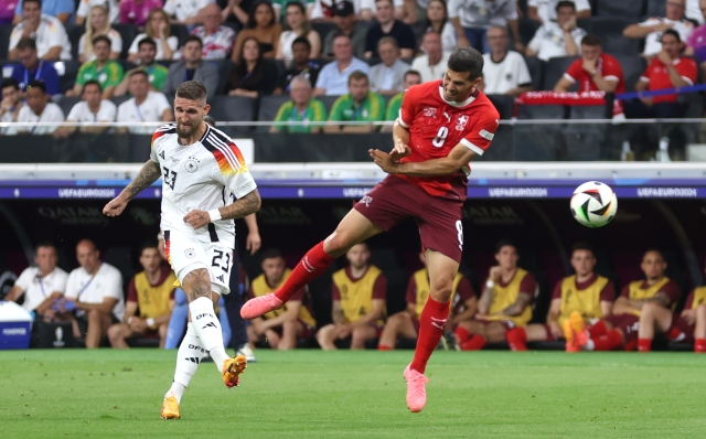 FRANKFURT AM MAIN, GERMANY - JUNE 23: Robert Andrich of Germany scores a goal which was later ruled out for a foul following a VAR review during the UEFA EURO 2024 group stage match between Switzerland and Germany at Frankfurt Arena on June 23, 2024 in Frankfurt am Main, Germany. (Photo by Lars Baron/Getty Images)