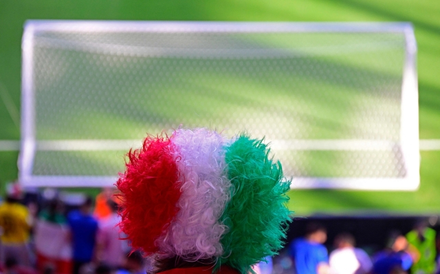 A supporter of Italy wearing a wig with the colours of the Italian flag is seen ahead of the UEFA Euro 2024 Group B football match between Croatia and Italy at the Leipzig Stadium in Leipzig on June 24, 2024. (Photo by JOHN MACDOUGALL / AFP)