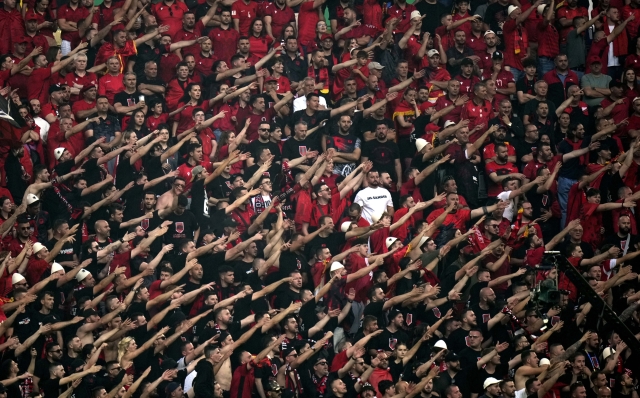 Supporters of Albania cheers in the stand during a Group B match between Albania and Spain at the Euro 2024 soccer tournament in Duesseldorf, Germany, Monday, June 24, 2024. (AP Photo/Alessandra Tarantino)