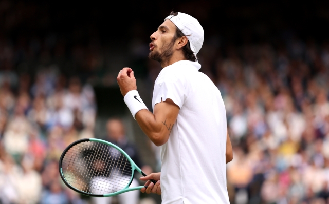 LONDON, ENGLAND - JULY 12: Lorenzo Musetti of Italy gestures as he plays against Novak Djokovic of Serbia in the Gentlemen's Singles Semi-Final match during day twelve of The Championships Wimbledon 2024 at All England Lawn Tennis and Croquet Club on July 12, 2024 in London, England. (Photo by Julian Finney/Getty Images)