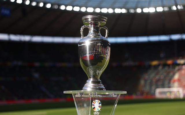 BERLIN, GERMANY - JULY 14: The UEFA Euro 2024 Henri Delaunay Trophy is displayed on a plinth prior to the UEFA EURO 2024 final match between Spain and England at Olympiastadion on July 14, 2024 in Berlin, Germany. (Photo by Lars Baron/Getty Images)