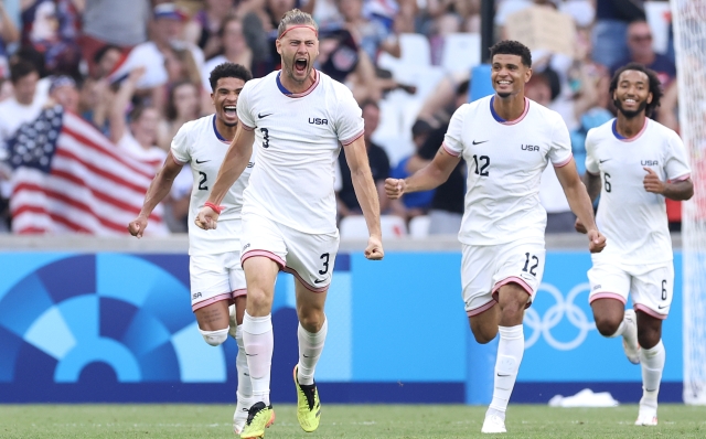 MARSEILLE, FRANCE - JULY 27: Walker Zimmerman #3 of Team USA celebrates scoring his team's first goal during the Men's group A match between New Zealand and United States during the Olympic Games Paris 2024 at Stade de Marseille on July 27, 2024 in Marseille, France. (Photo by Alex Livesey/Getty Images)