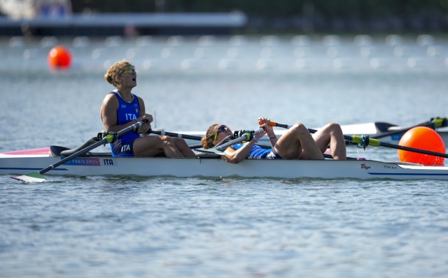 Italy's Clara Guerra and Stefania Gobbi react after competing in the women's double sculls rowing repechag at the 2024 Summer Olympics, Sunday, July 28, 2024, in Vaires-sur-Marne, France. (AP Photo/Ebrahim Noroozi)