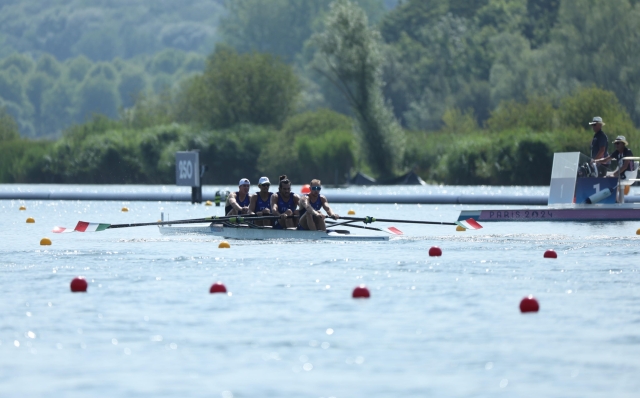 epa11508355 Team Italy in action during the Men four repechages of the Rowing competitions in the Paris 2024 Olympic Games, at the Vaires-sur-Marne Nautical Stadium in Vaires-sur-Marne, France, 30 July 2024.  EPA/MAXIM SHIPENKOV