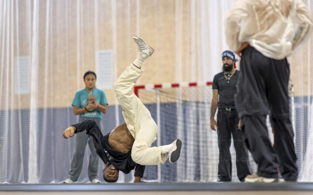 FILE - Jeffrey Louis works out with teammates during a breaking practice session at the Team USA training facility at the 2024 Summer Olympics, Tuesday, July 30, 2024, in Eaubonne, France. (AP Photo/David Goldman, File)