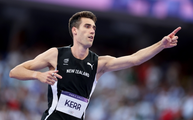 PARIS, FRANCE - AUGUST 10: Hamish Kerr of Team New Zealand reacts during the Men's High Jump Final on day fifteen of the Olympic Games Paris 2024 at Stade de France on August 10, 2024 in Paris, France. (Photo by Christian Petersen/Getty Images)