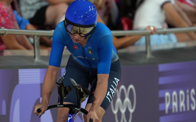 Italy's team ( Martina Fidanza ,  Elisa Balsamo , Vittoria Guazzini , Letizia Paternoster  ) in action during Cycling track Women's team Pursuit Bronze medal Final  at the 2024 Summer Olympics , Wednesday , August 7 ,  2024, in Paris, France. (Photo by Spada/LaPresse)