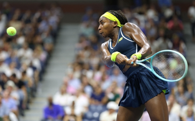 USA's Coco Gauff returns the ball to Germany's Tatjana Maria during their women's singles second round tennis match on day three of the US Open tennis tournament at the USTA Billie Jean King National Tennis Center in New York City, on August 28, 2024. (Photo by CHARLY TRIBALLEAU / AFP)