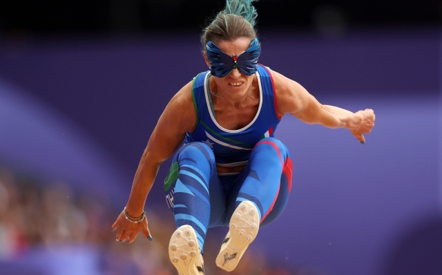 PARIS, FRANCE - AUGUST 30: Arjola Dedaj of Team Italycompetes during the Women's Long Jump T11 final on day two of the Paris 2024 Summer Paralympic Games at Stade de France on August 30, 2024 in Paris, France. (Photo by Ezra Shaw/Getty Images)