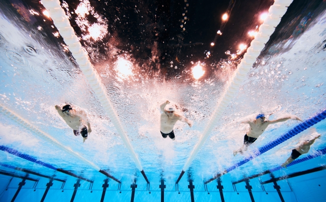 NANTERRE, FRANCE - AUGUST 30: (L-R) (EDITORS NOTE: Image was captured using an underwater robotic camera.) Takayuki Suzuki of Team Japan, Cameron Leslie of Team New Zealand, Federico Cristiani of Team Italy and David Smetanine of Team France compete in the Men's 100m Freestyle S4 Heats on day two of the Paris 2024 Summer Paralympic Games at Paris La Defense Arena on August 30, 2024 in Nanterre, France. (Photo by Adam Pretty/Getty Images)