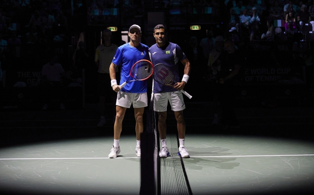 BOLOGNA, ITALY - SEPTEMBER 11: Matteo Arnaldi of Italy and Thiago Monteiro of Brazil during the 2024 Davis Cup Finals Group Stage Bologna match between the Italy and Brazil at Unipol Arena on September 11, 2024 in Bologna, Italy. (Photo by Emmanuele Ciancaglini/Getty Images for ITF)