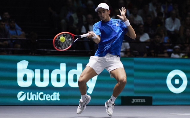 BOLOGNA, ITALY - SEPTEMBER 11: Matteo Arnaldi of Italy in action during the 2024 Davis Cup Finals Group Stage Bologna match between the Italy and Brazil at Unipol Arena on September 11, 2024 in Bologna, Italy. (Photo by Emmanuele Ciancaglini/Getty Images for ITF)